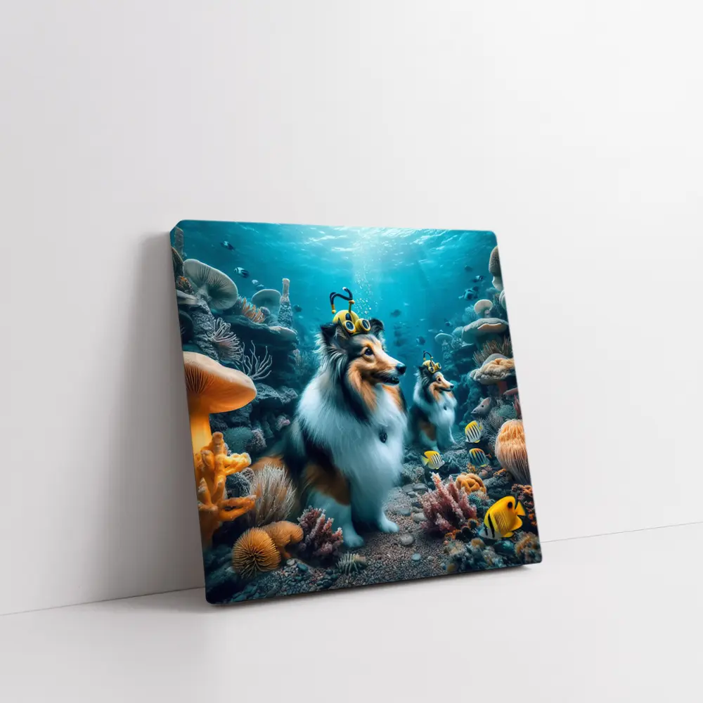 Shetland Sheepdog Diving Underwater Coral Reef – Wall Art