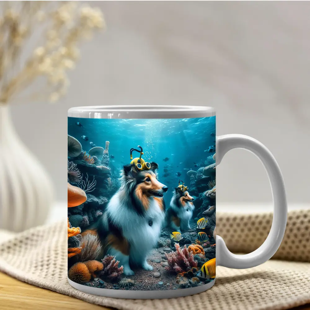Shetland Sheepdog Diving Underwater Coral Reef – Mugs