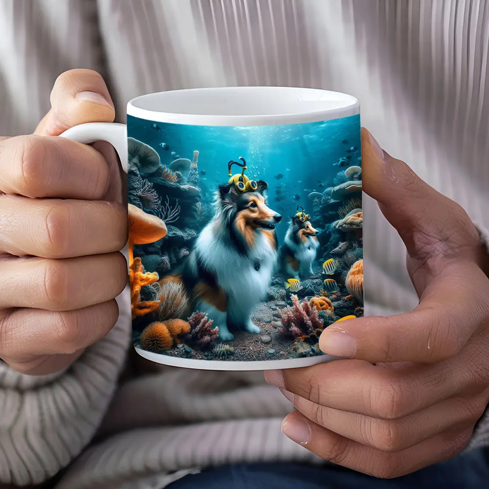 Shetland Sheepdog Diving Underwater Coral Reef – Mugs