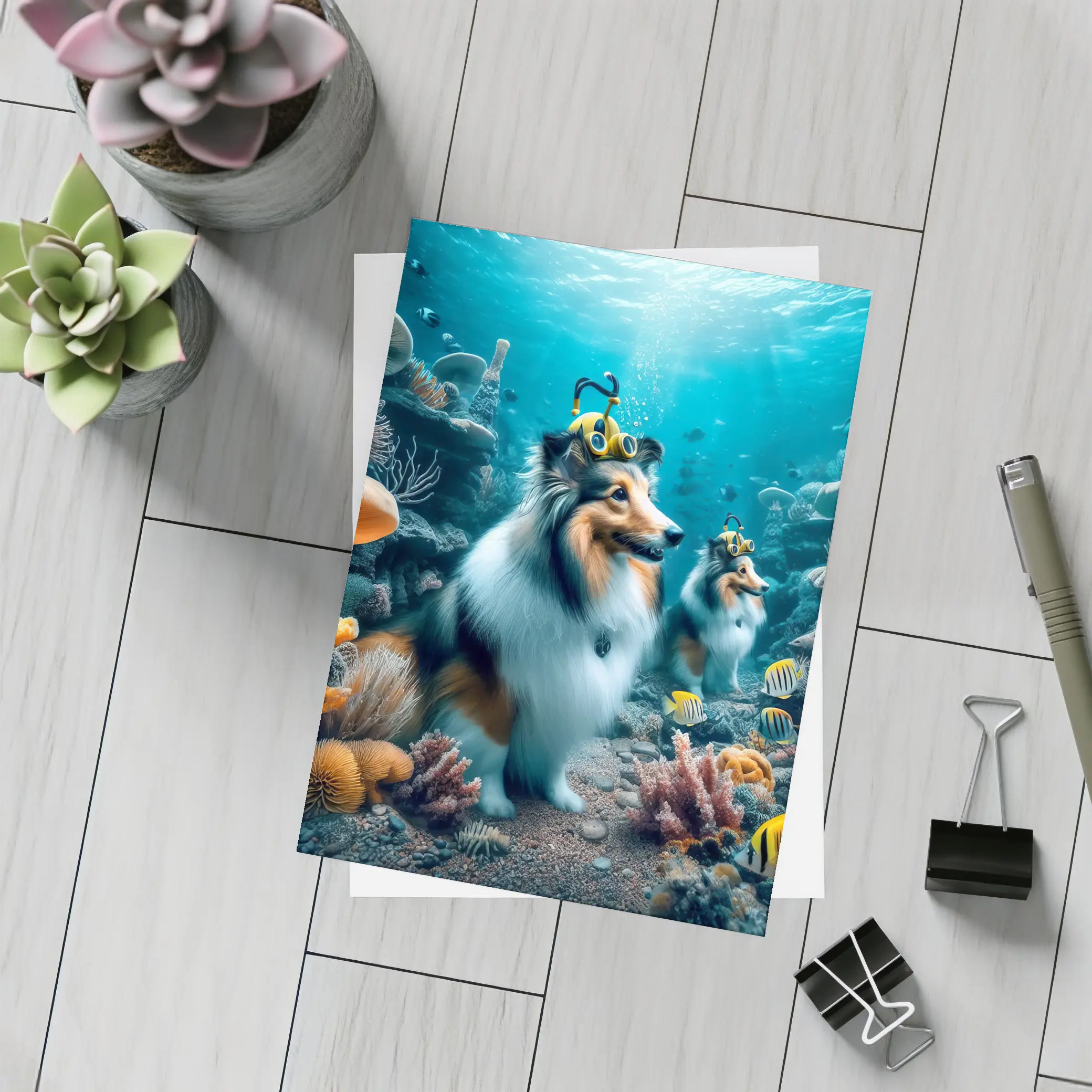Shetland Sheepdog Diving Underwater Coral Reef – Postcards