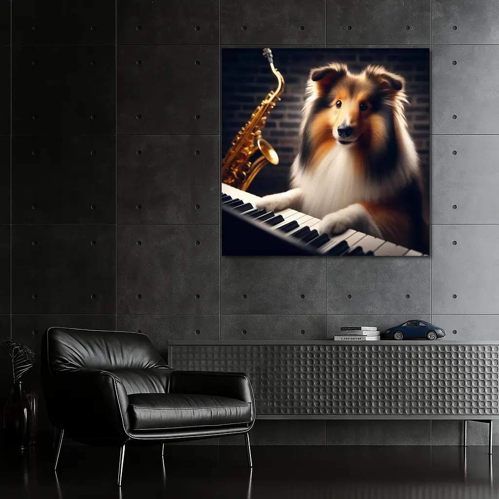 Rough Collie Playing Piano With Saxophone – Wall Art