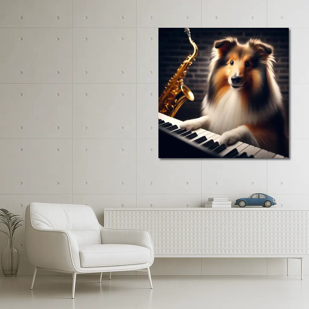 Rough Collie Playing Piano With Saxophone – Wall Art