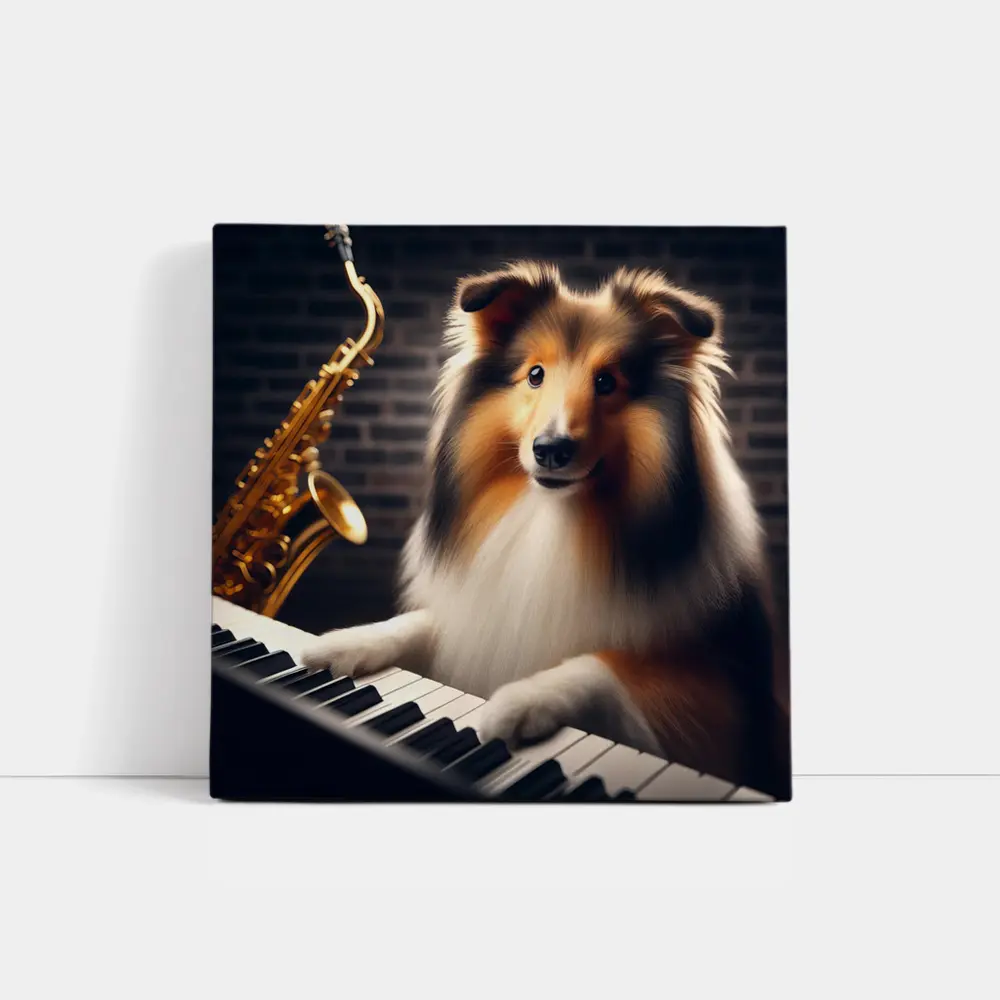 Rough Collie Playing Piano With Saxophone – Wall Art