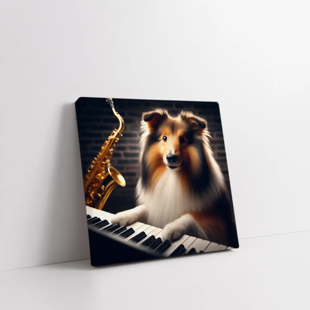 Rough Collie Playing Piano With Saxophone – Wall Art