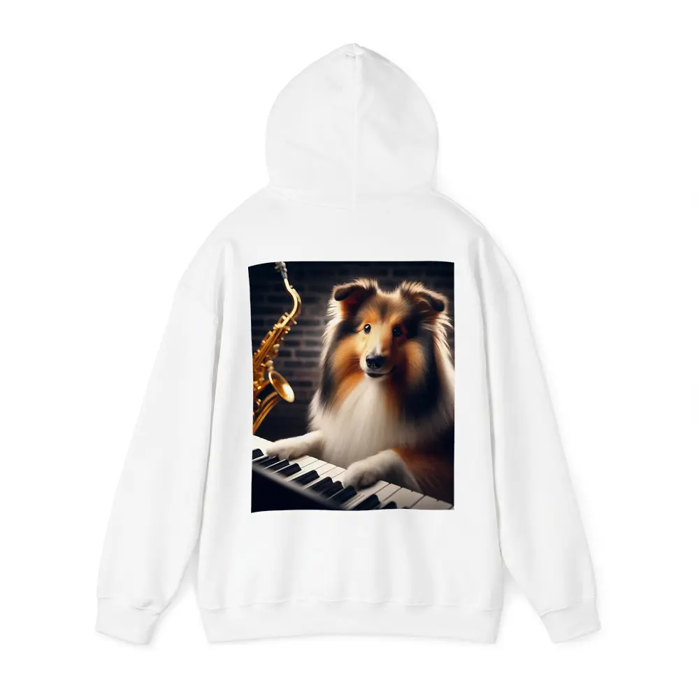 Rough Collie Playing Piano With Saxophone – Hoodies