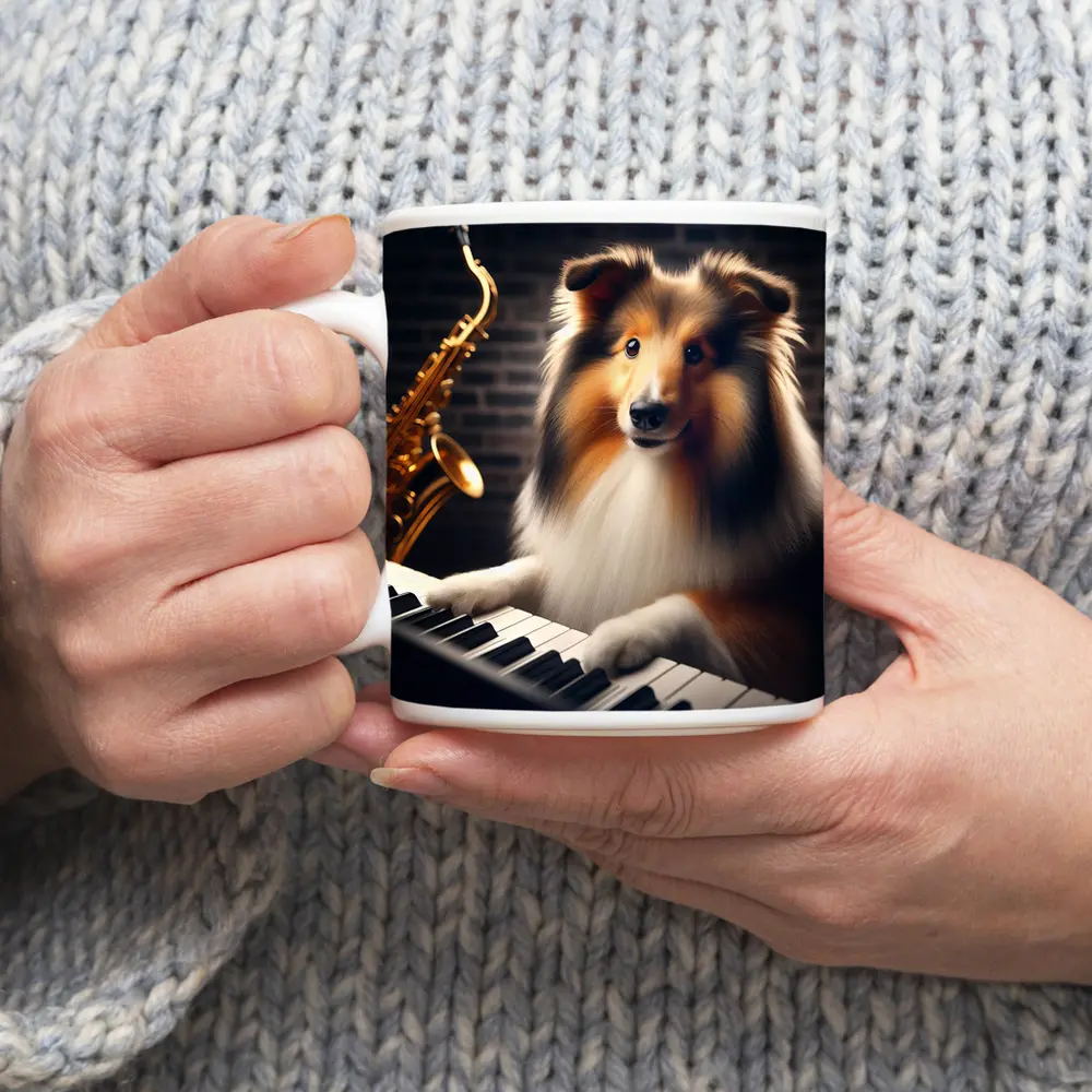 Rough Collie Playing Piano With Saxophone – Mugs
