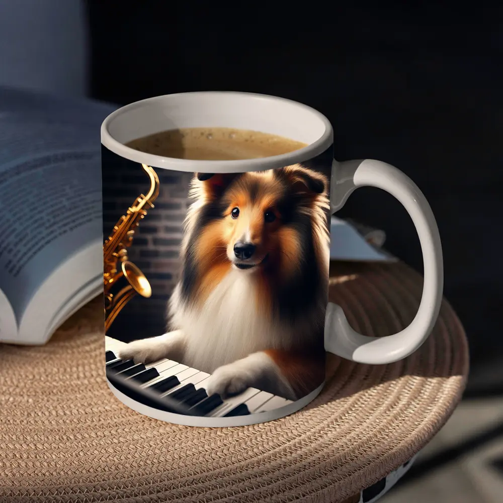 Rough Collie Playing Piano With Saxophone – Mugs