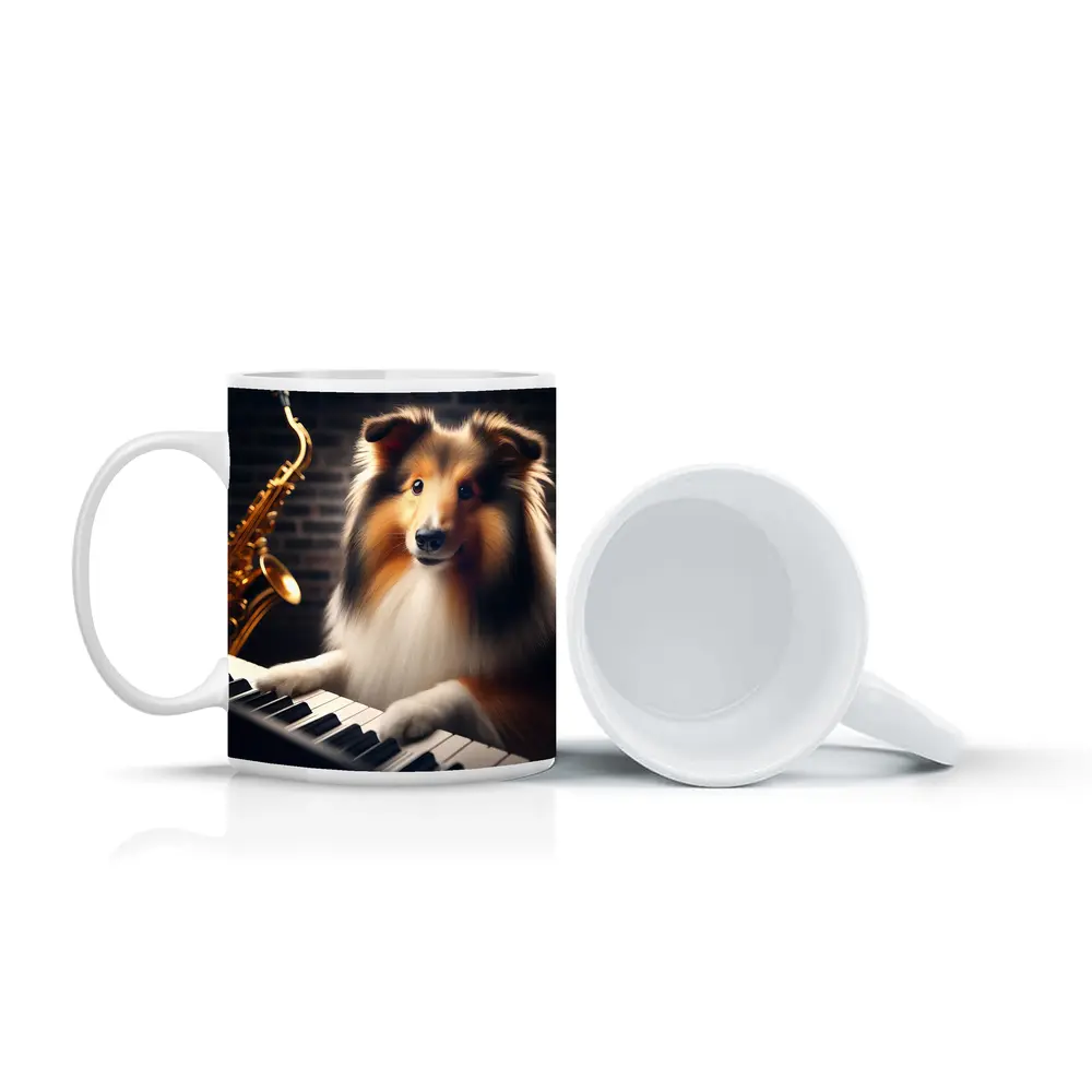Rough Collie Playing Piano With Saxophone – Mugs