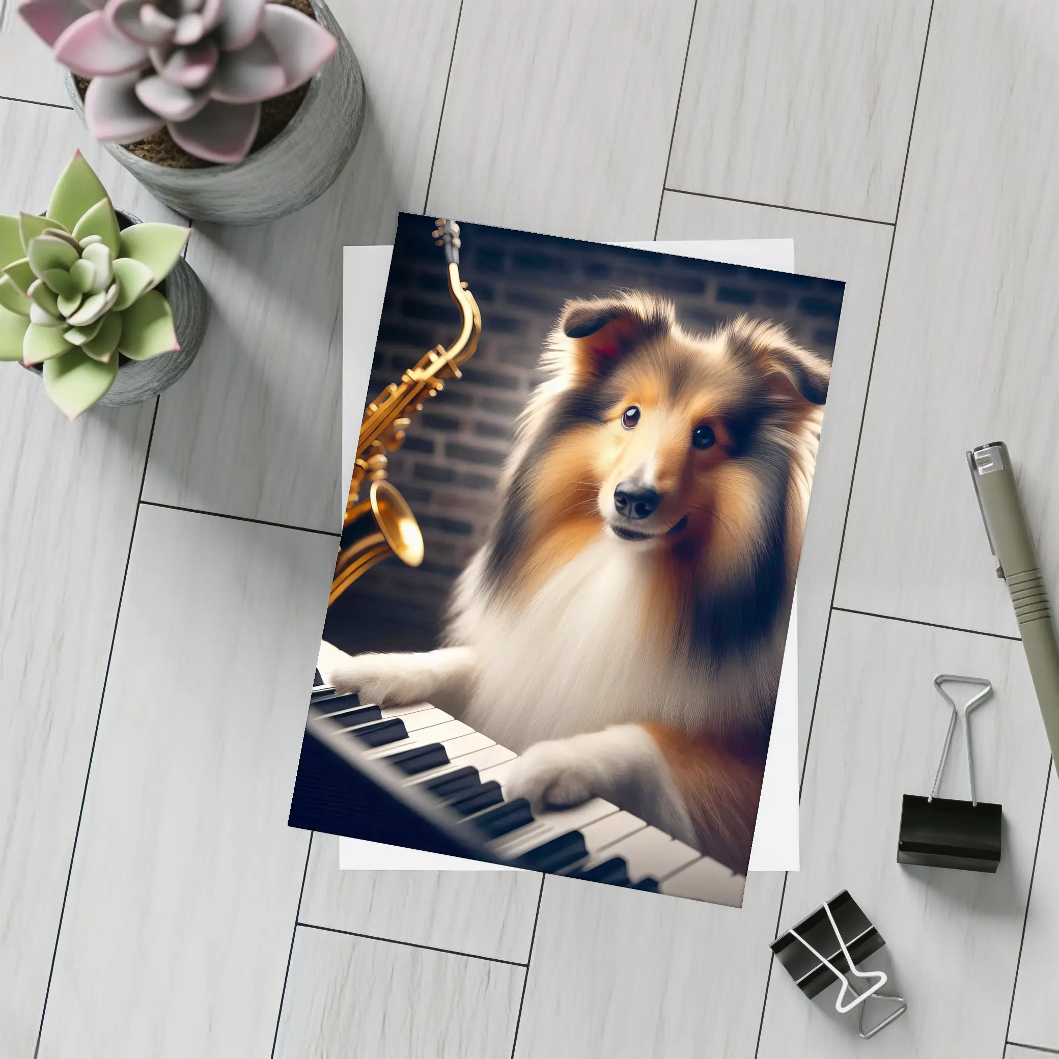 Rough Collie Playing Piano With Saxophone – Postcards