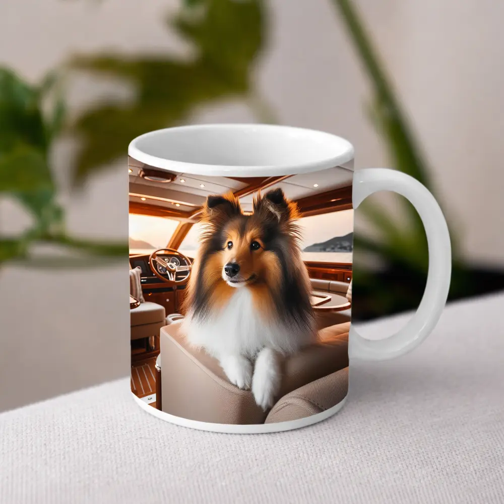 Shetland Sheepdog Relaxing Inside Luxury Yacht – Mugs