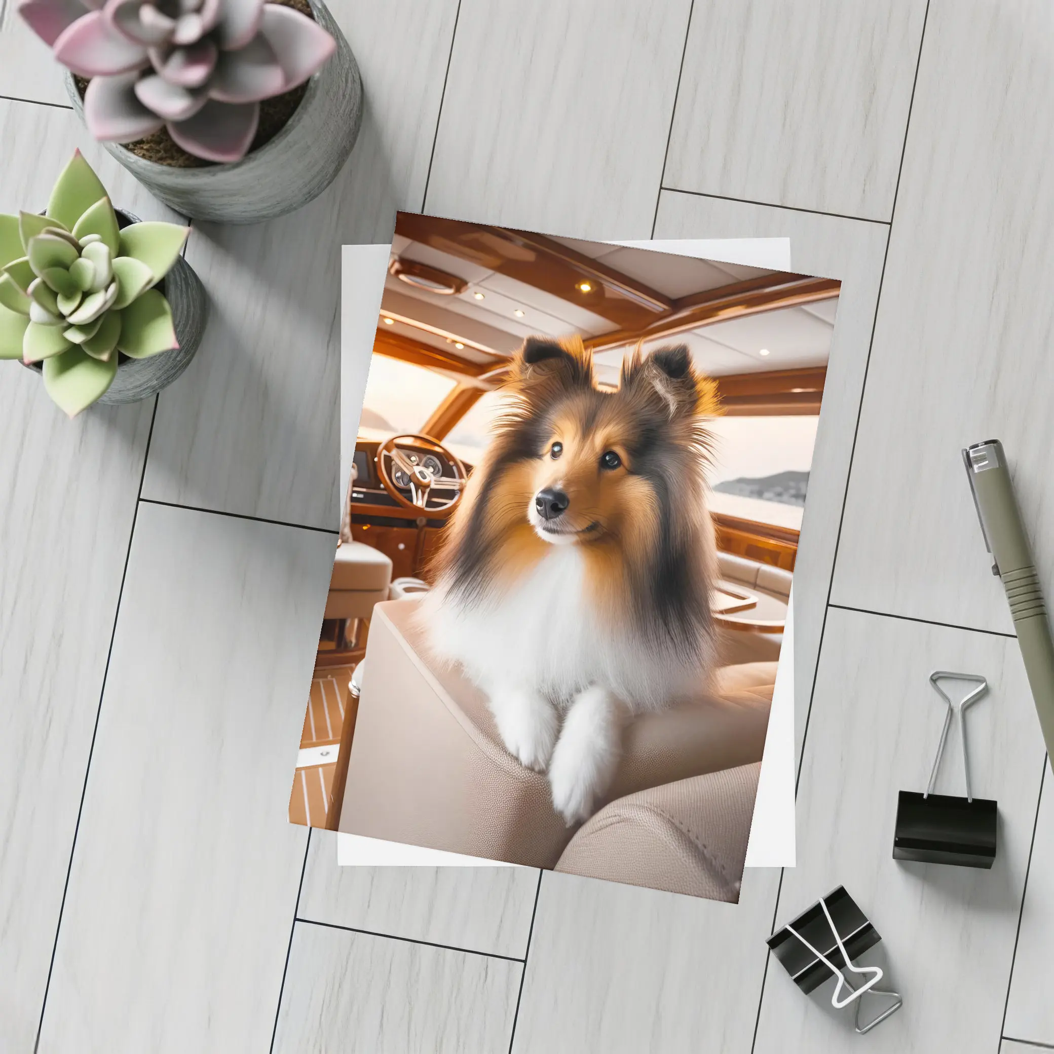 Shetland Sheepdog Relaxing Inside Luxury Yacht – Postcards