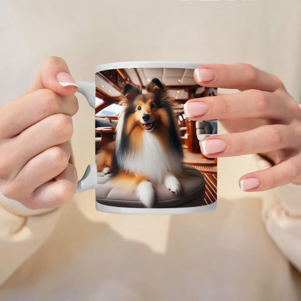 Shetland Sheepdog Relaxing Inside Luxury Yacht – Mugs