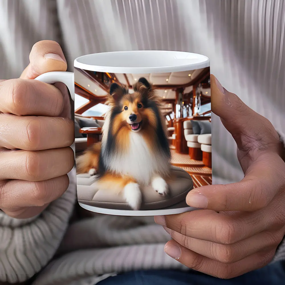 Shetland Sheepdog Relaxing Inside Luxury Yacht – Mugs