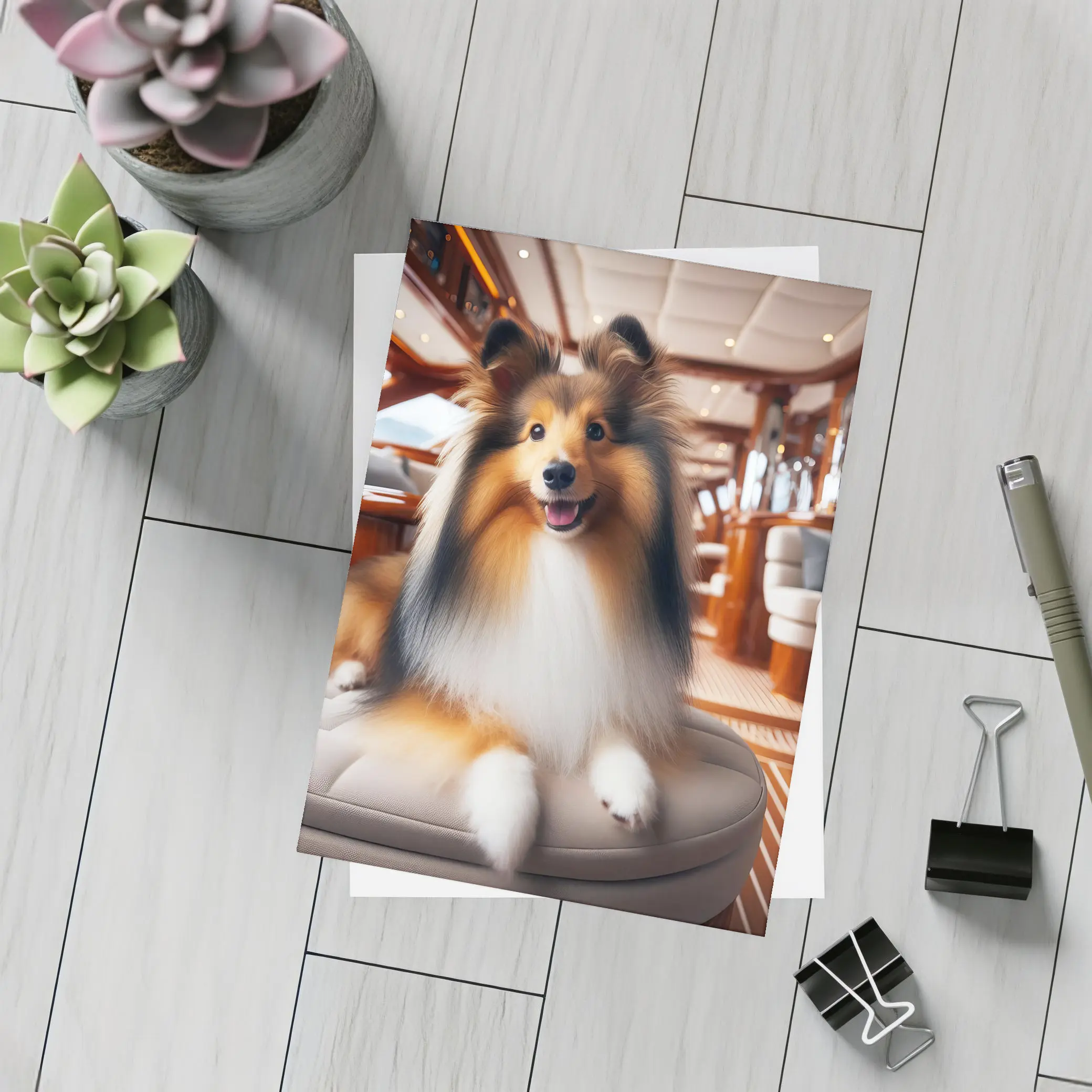 Shetland Sheepdog Relaxing Inside Luxury Yacht – Postcards