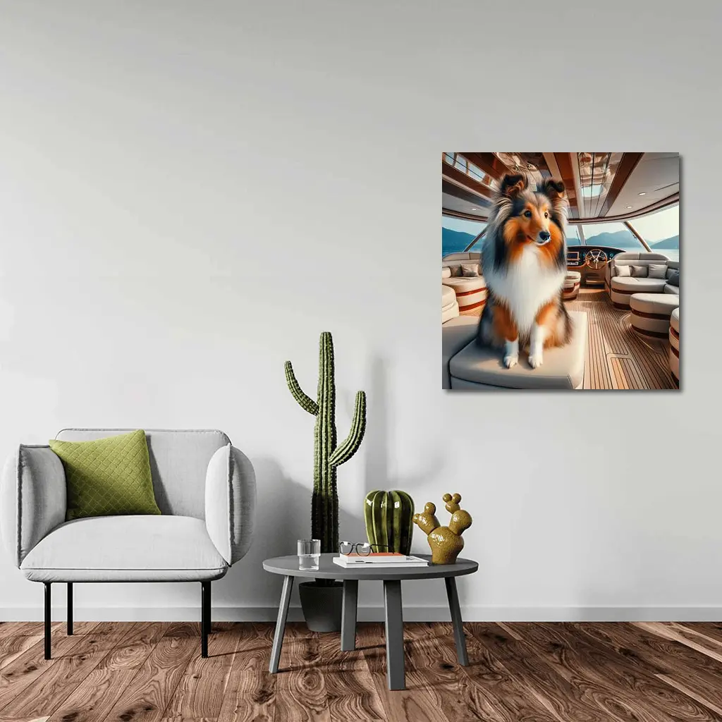 Shetland Sheepdog Sitting Inside Luxury Yacht – Wall Art