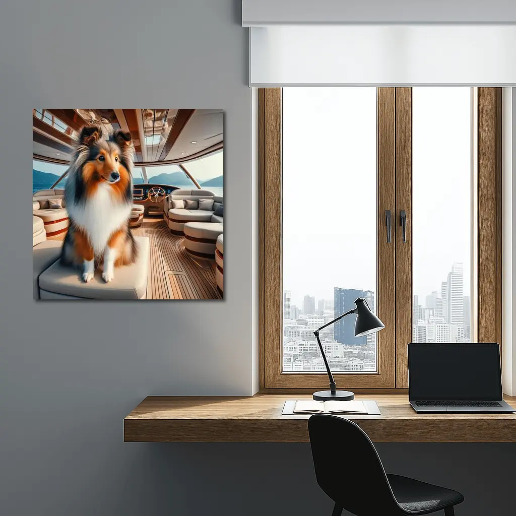 Shetland Sheepdog Sitting Inside Luxury Yacht – Wall Art