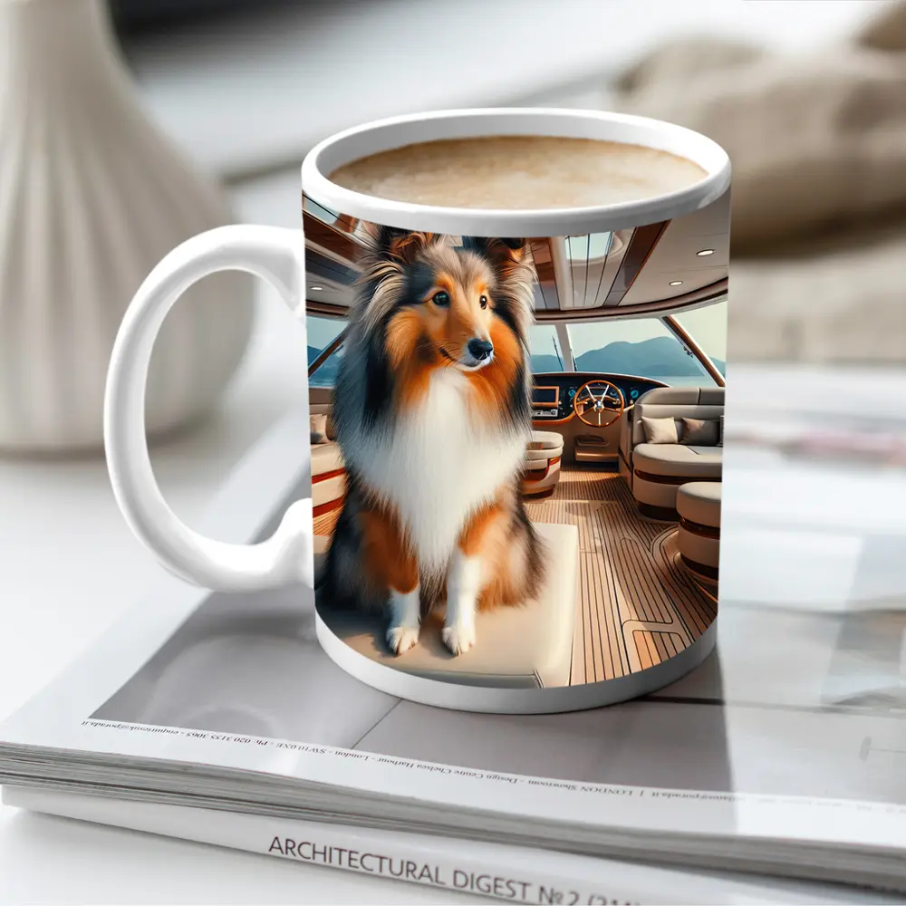 Shetland Sheepdog Sitting Inside Luxury Yacht – Mugs