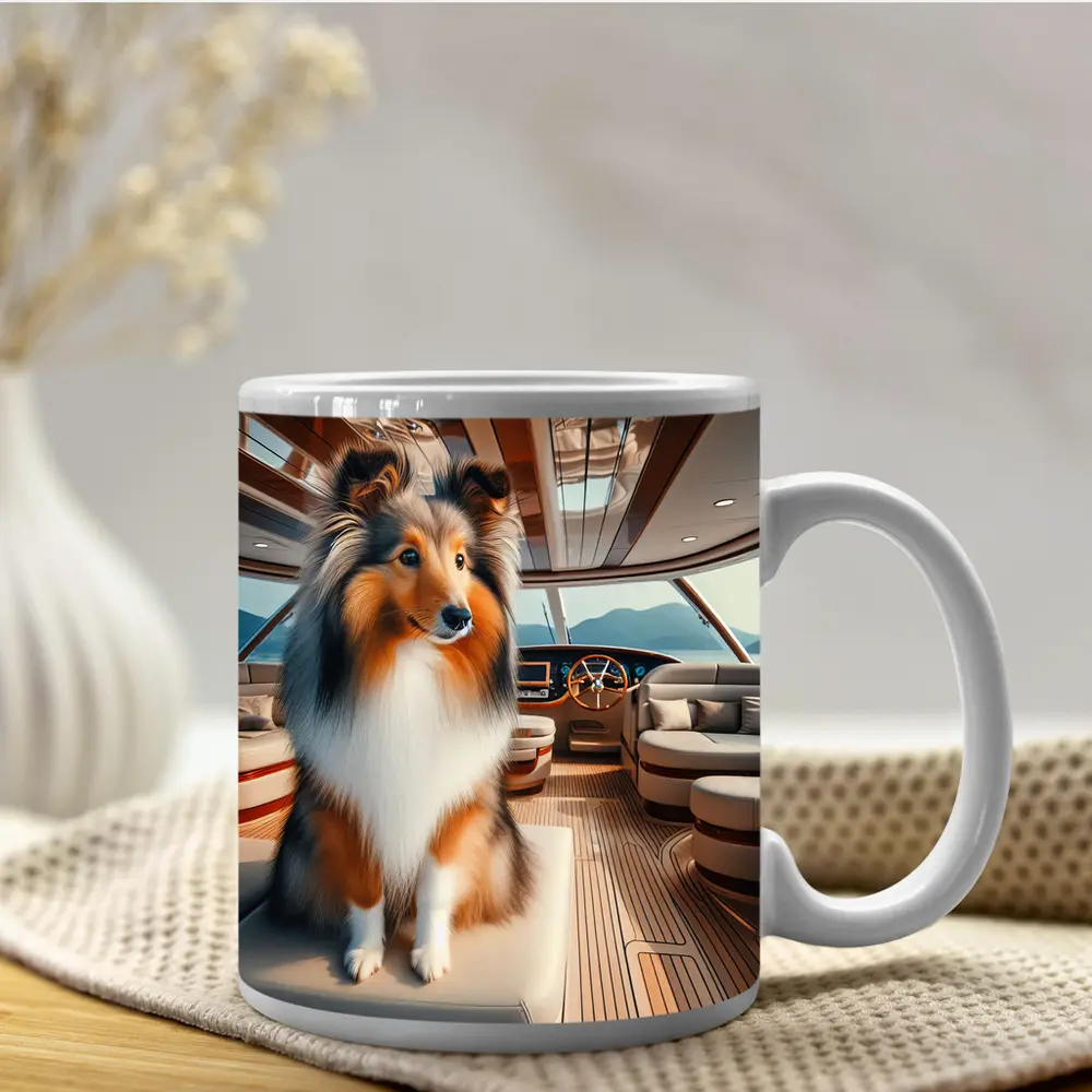 Shetland Sheepdog Sitting Inside Luxury Yacht – Mugs