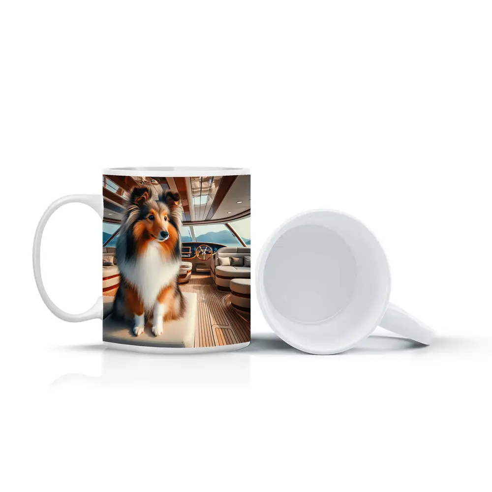Shetland Sheepdog Sitting Inside Luxury Yacht – Mugs