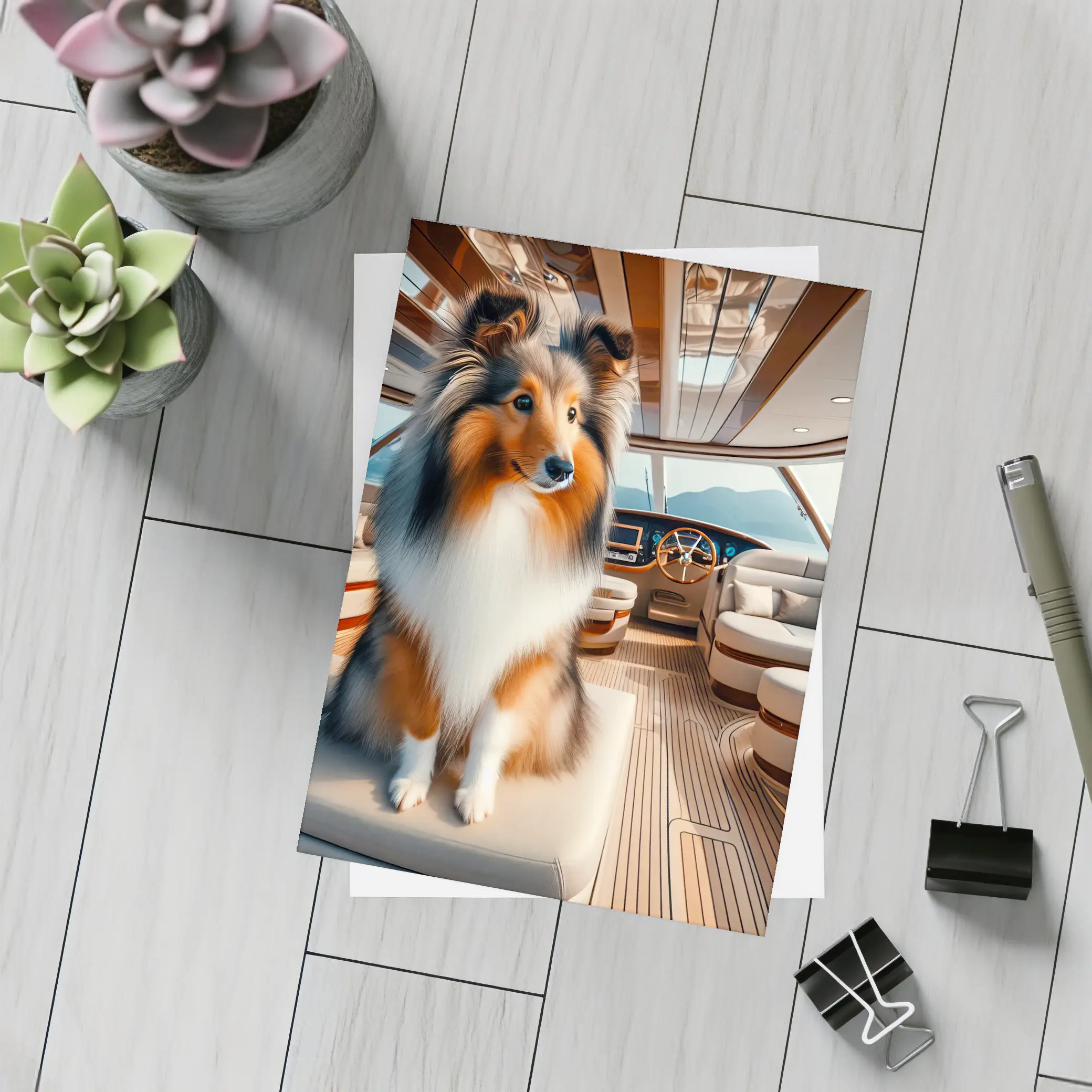 Shetland Sheepdog Sitting Inside Luxury Yacht – Postcards