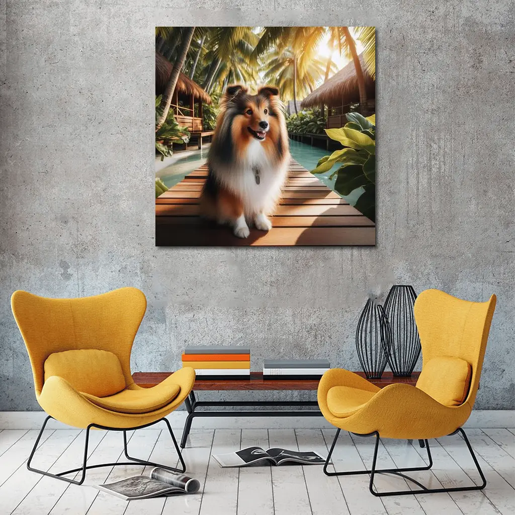 Shetland Sheepdog Sitting Tropical Resort Boardwalk – Wall Art