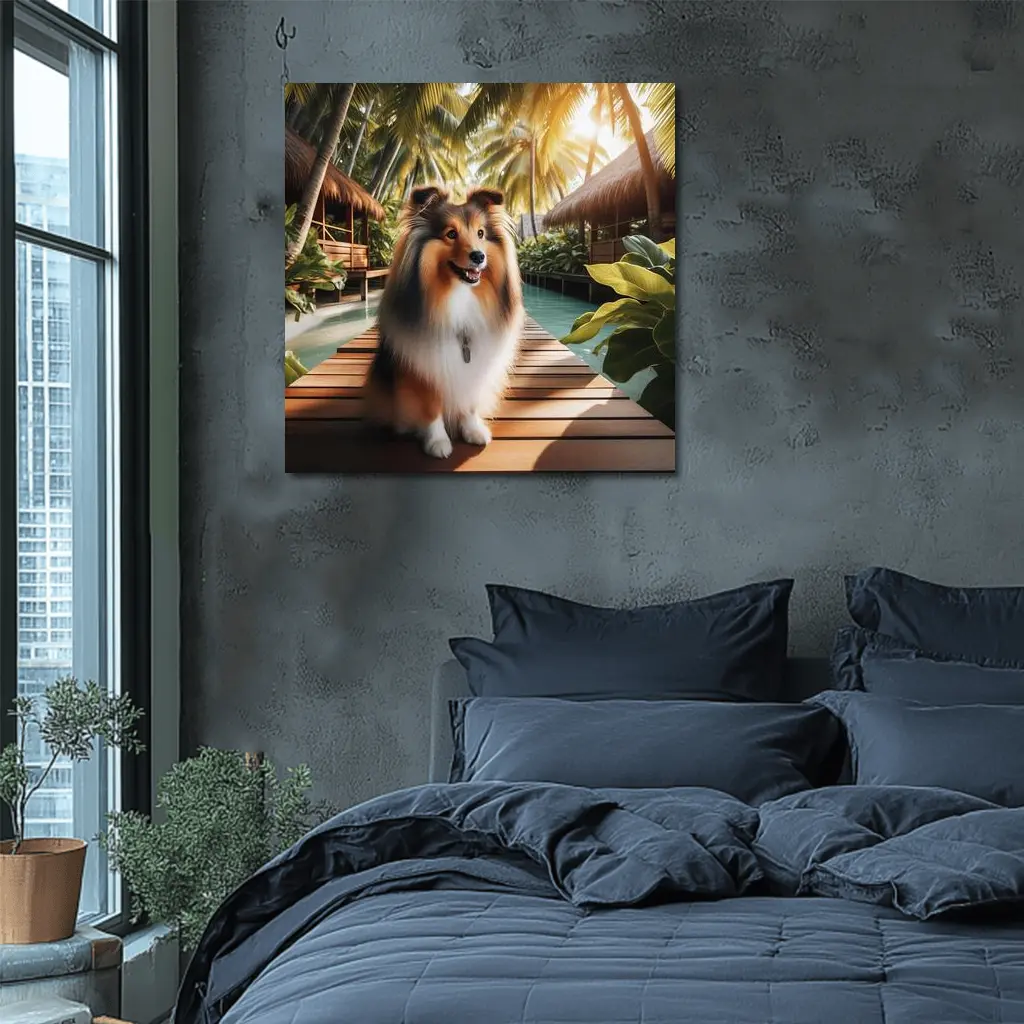 Shetland Sheepdog Sitting Tropical Resort Boardwalk – Wall Art