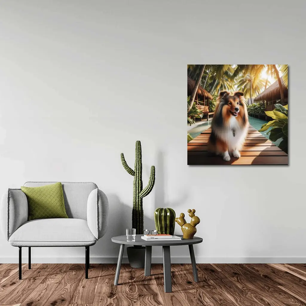 Shetland Sheepdog Sitting Tropical Resort Boardwalk – Wall Art