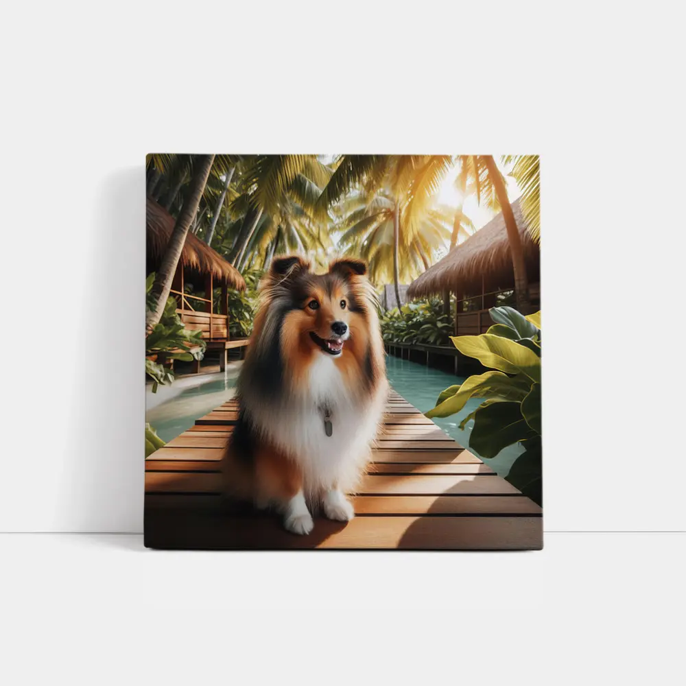 Shetland Sheepdog Sitting Tropical Resort Boardwalk – Wall Art