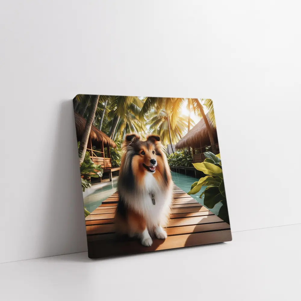 Shetland Sheepdog Sitting Tropical Resort Boardwalk – Wall Art
