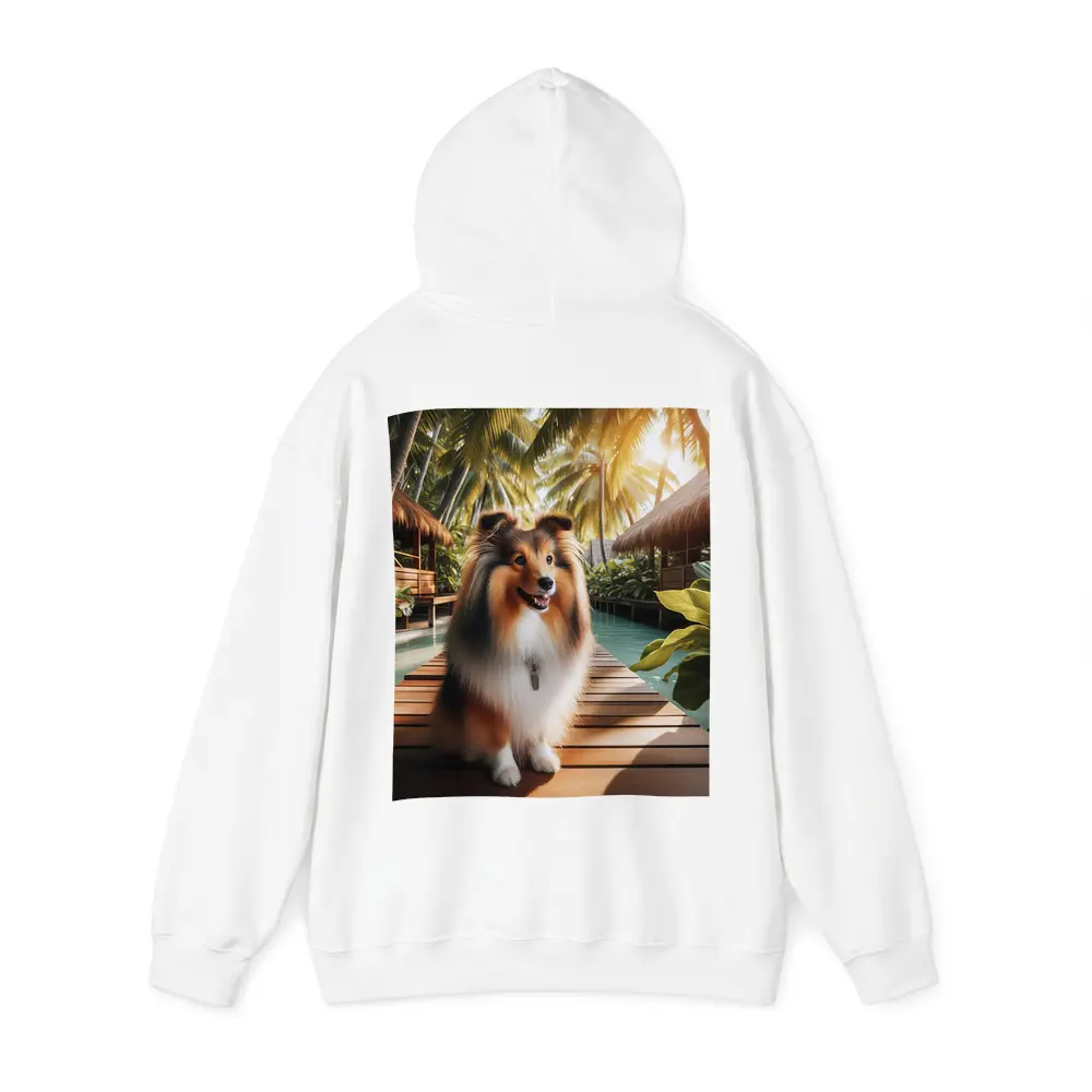 Shetland Sheepdog Sitting Tropical Resort Boardwalk – Hoodies