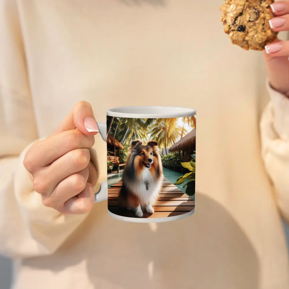 Shetland Sheepdog Sitting Tropical Resort Boardwalk – Mugs