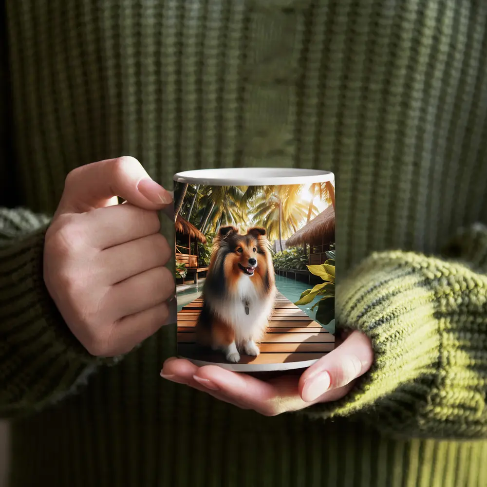 Shetland Sheepdog Sitting Tropical Resort Boardwalk – Mugs