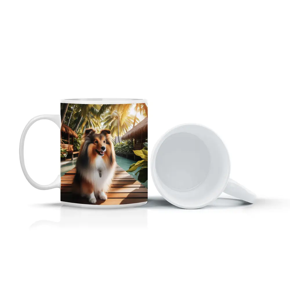 Shetland Sheepdog Sitting Tropical Resort Boardwalk – Mugs