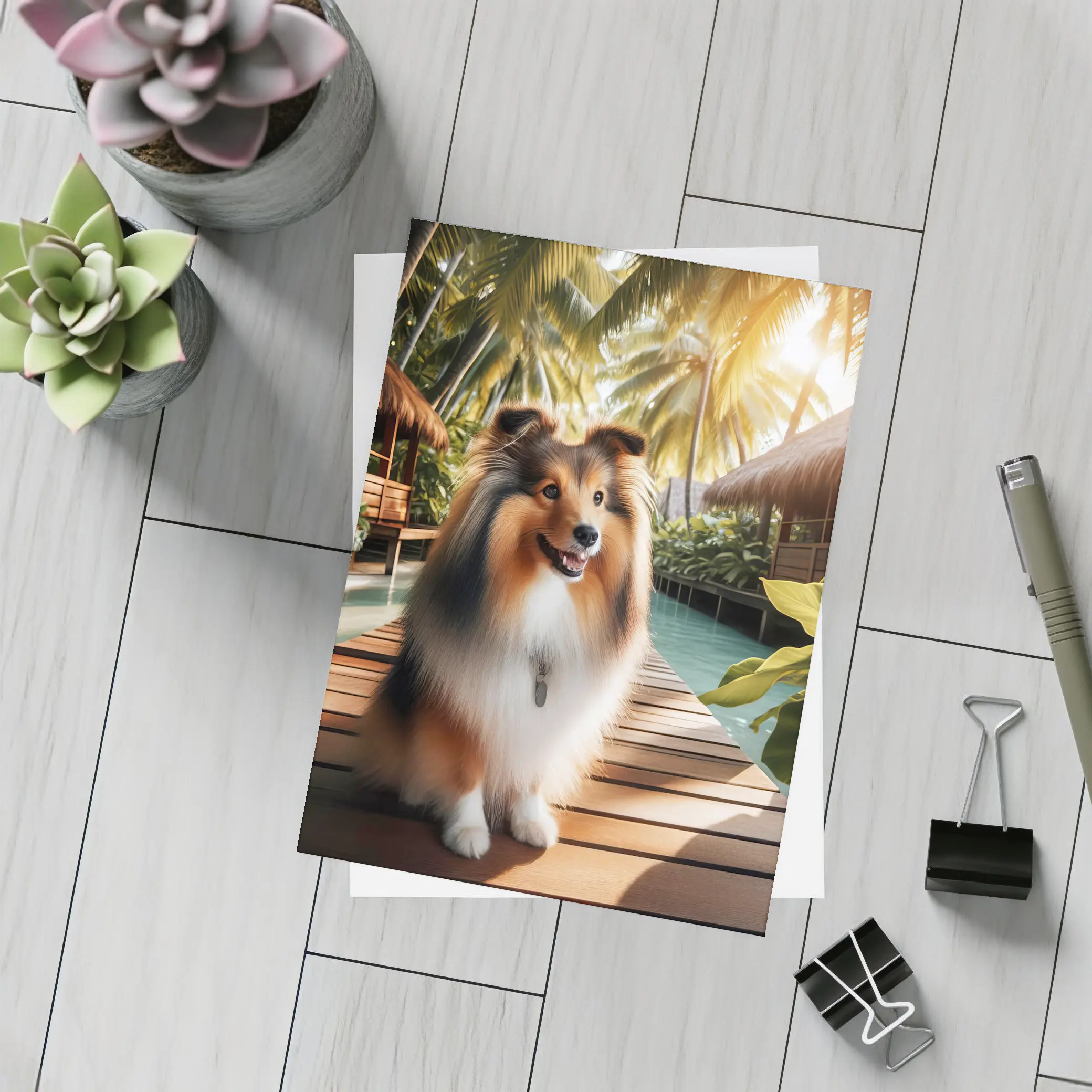 Shetland Sheepdog Sitting Tropical Resort Boardwalk – Postcards