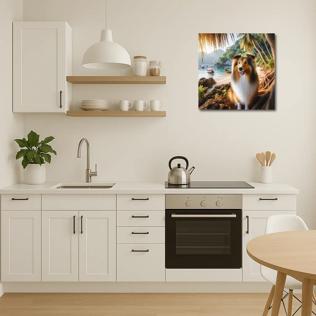 Rough Collie Dog Sitting Tropical Beach – Wall Art