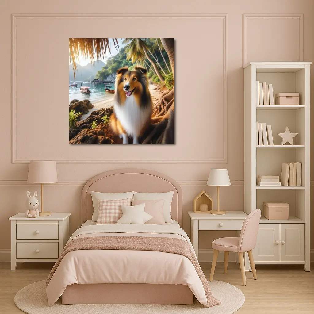 Rough Collie Dog Sitting Tropical Beach – Wall Art