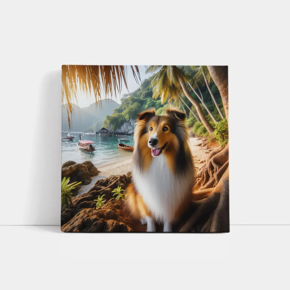Rough Collie Dog Sitting Tropical Beach – Wall Art