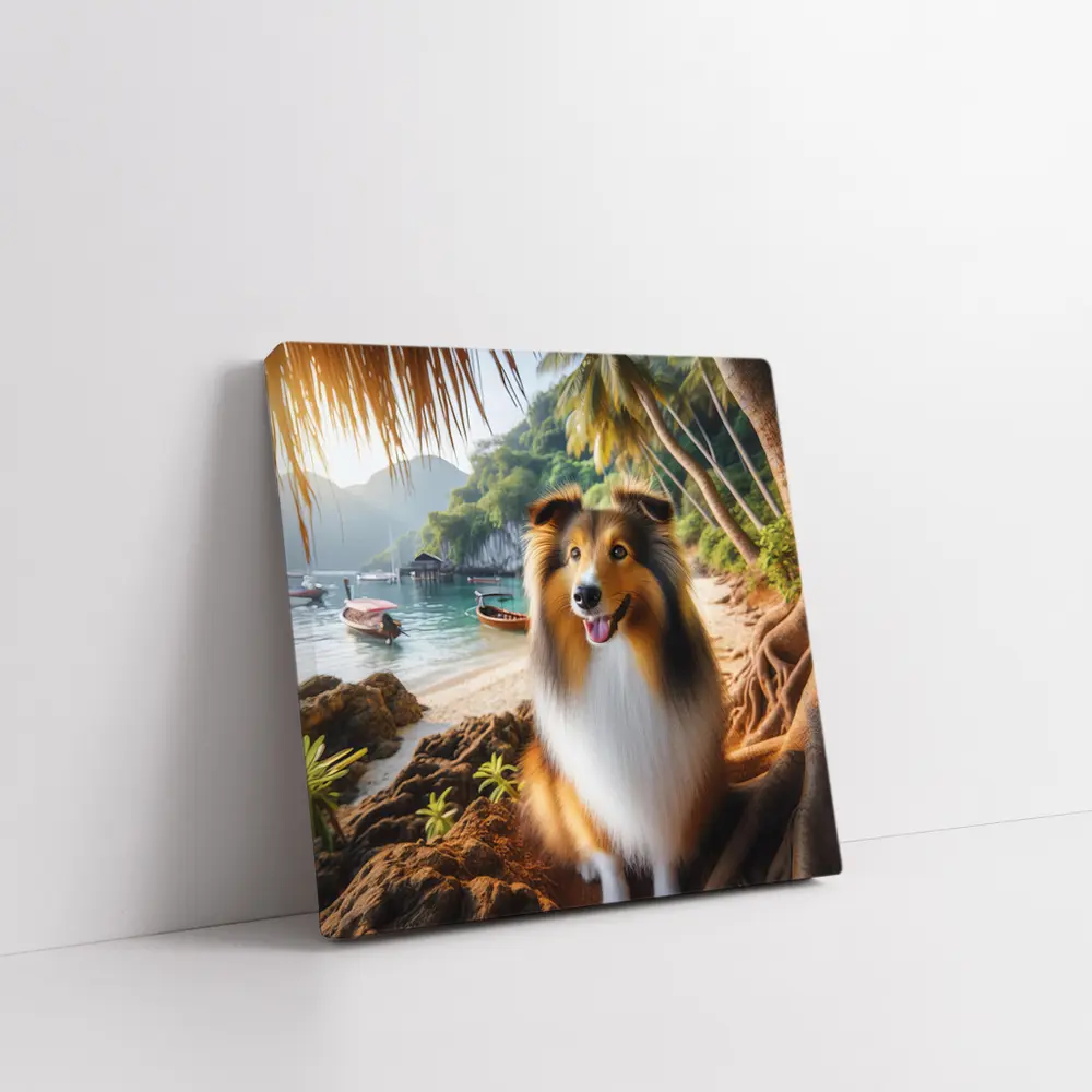 Rough Collie Dog Sitting Tropical Beach – Wall Art