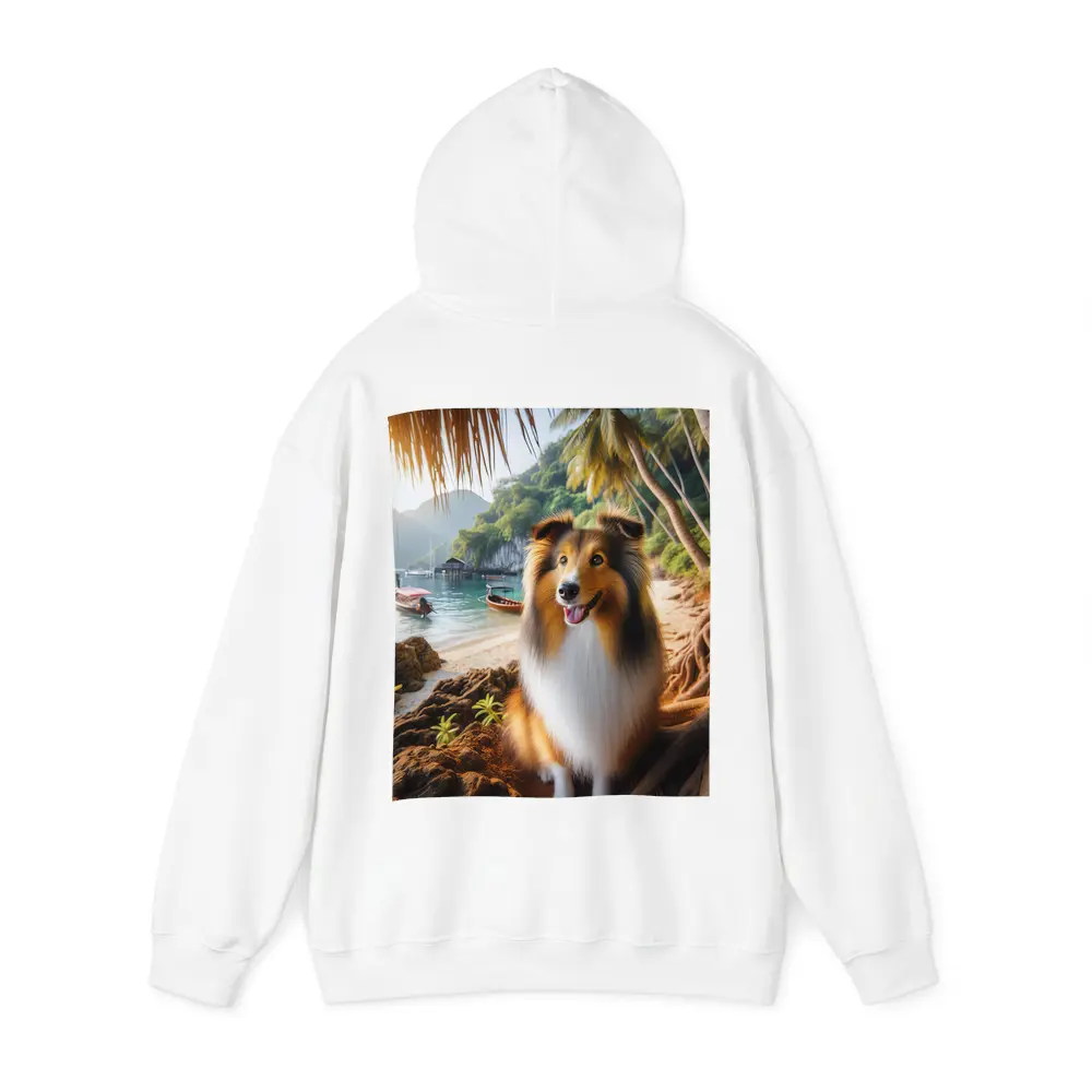 Rough Collie Dog Sitting Tropical Beach – Hoodies