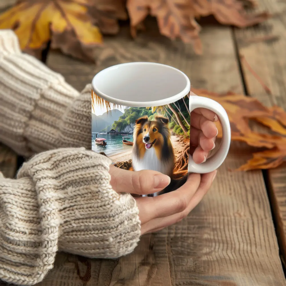 Rough Collie Dog Sitting Tropical Beach – Mugs