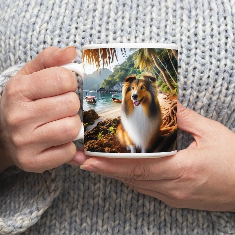 Rough Collie Dog Sitting Tropical Beach – Mugs