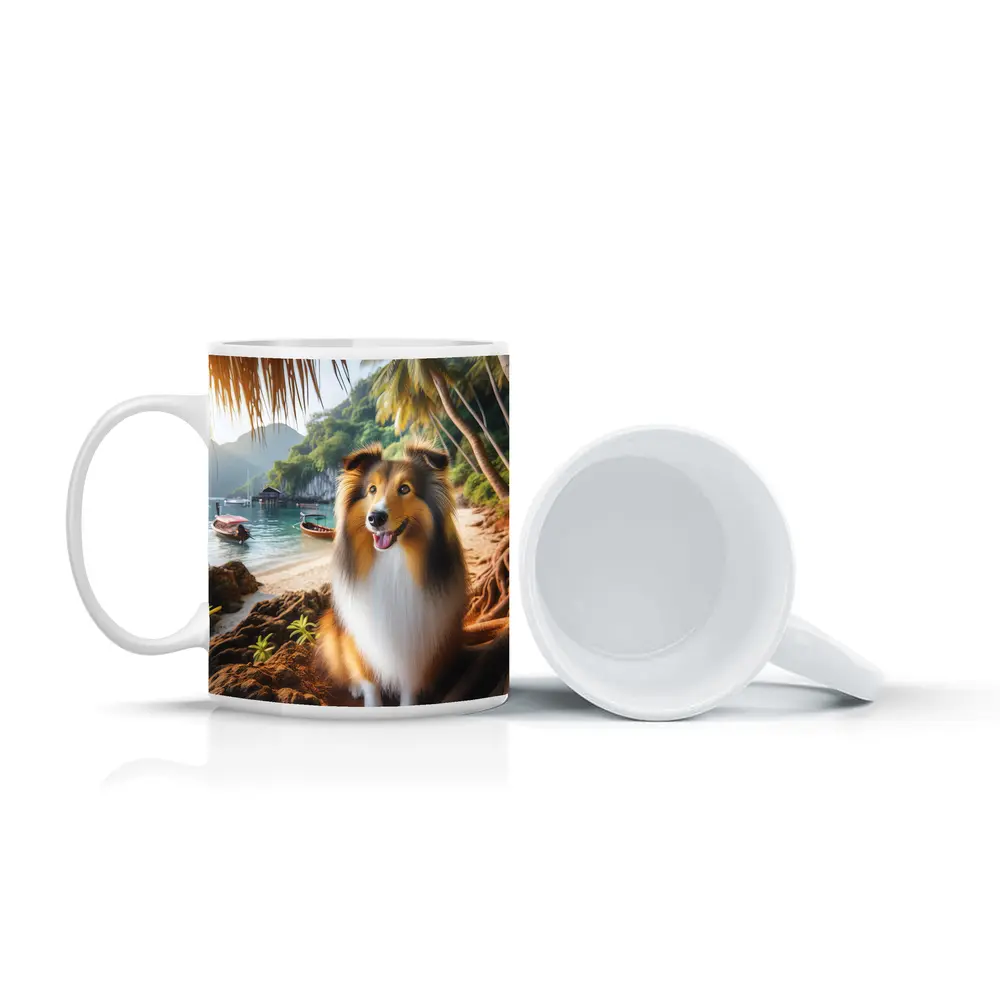 Rough Collie Dog Sitting Tropical Beach – Mugs