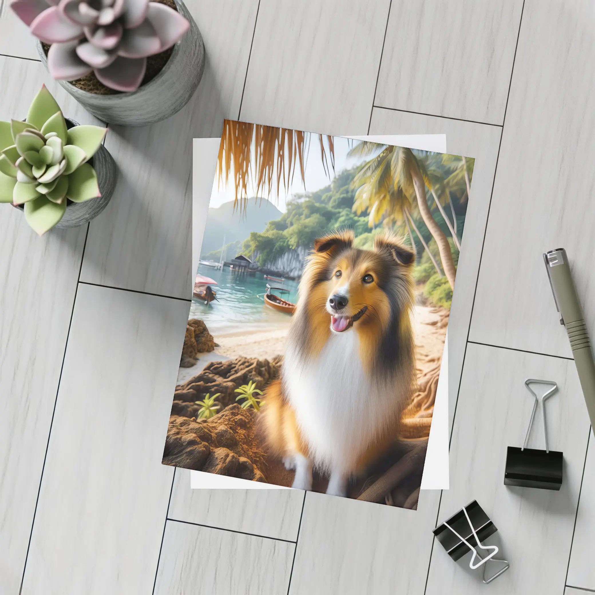 Rough Collie Dog Sitting Tropical Beach – Postcards