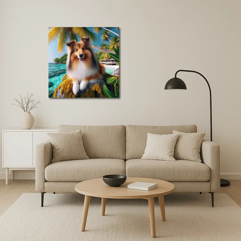 Shetland Sheepdog Relaxing on Tropical Beach – Wall Art