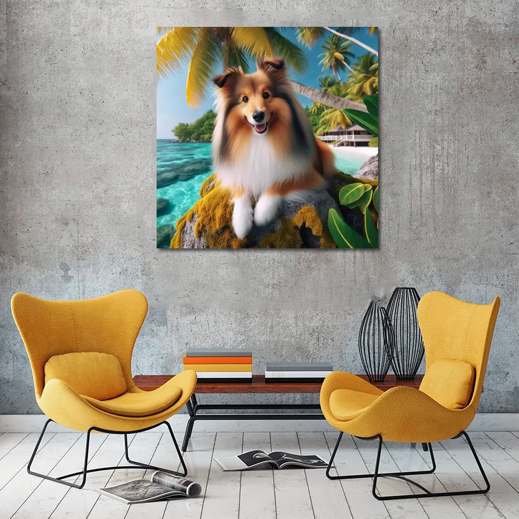 Shetland Sheepdog Relaxing on Tropical Beach – Wall Art