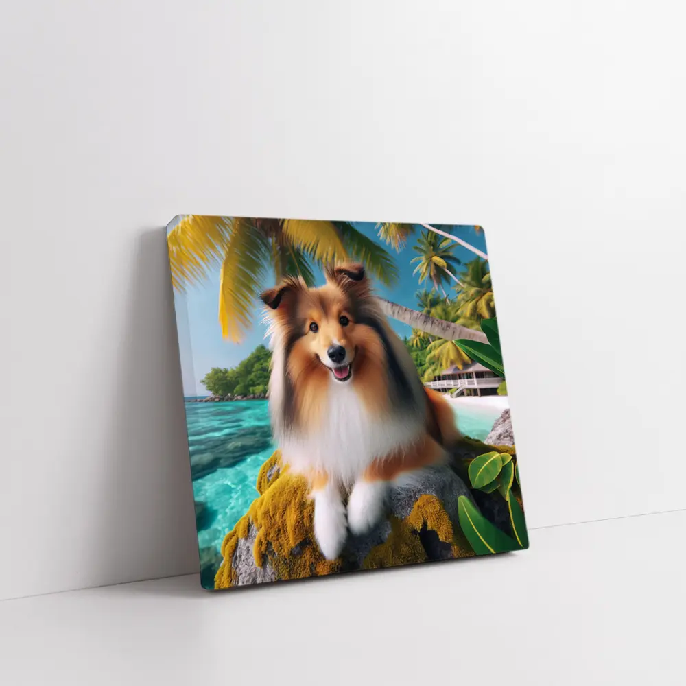 Shetland Sheepdog Relaxing on Tropical Beach – Wall Art