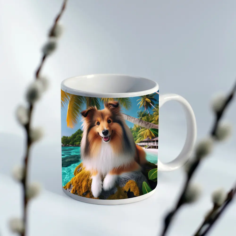 Shetland Sheepdog Relaxing on Tropical Beach – Mugs
