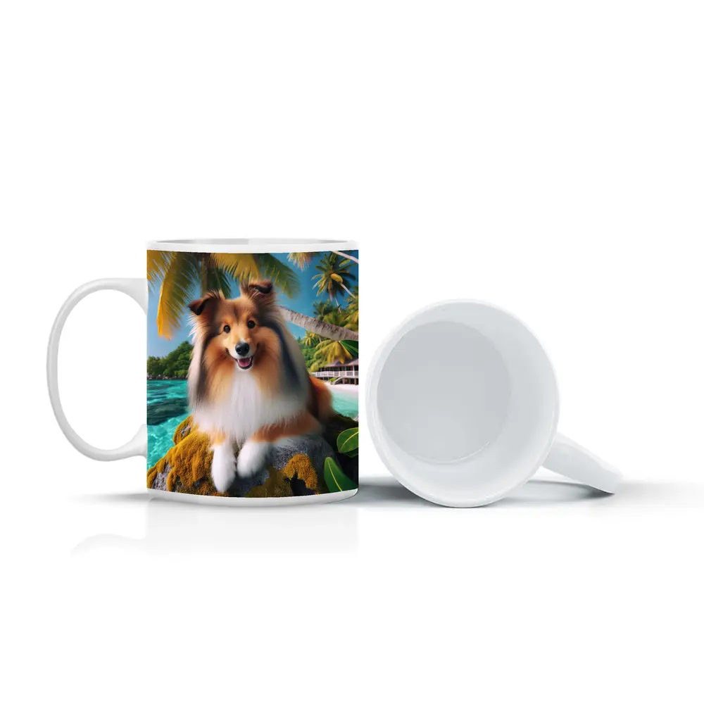 Shetland Sheepdog Relaxing on Tropical Beach – Mugs