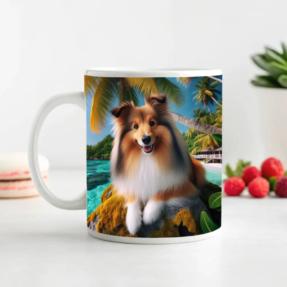 Shetland Sheepdog Relaxing on Tropical Beach – Mugs