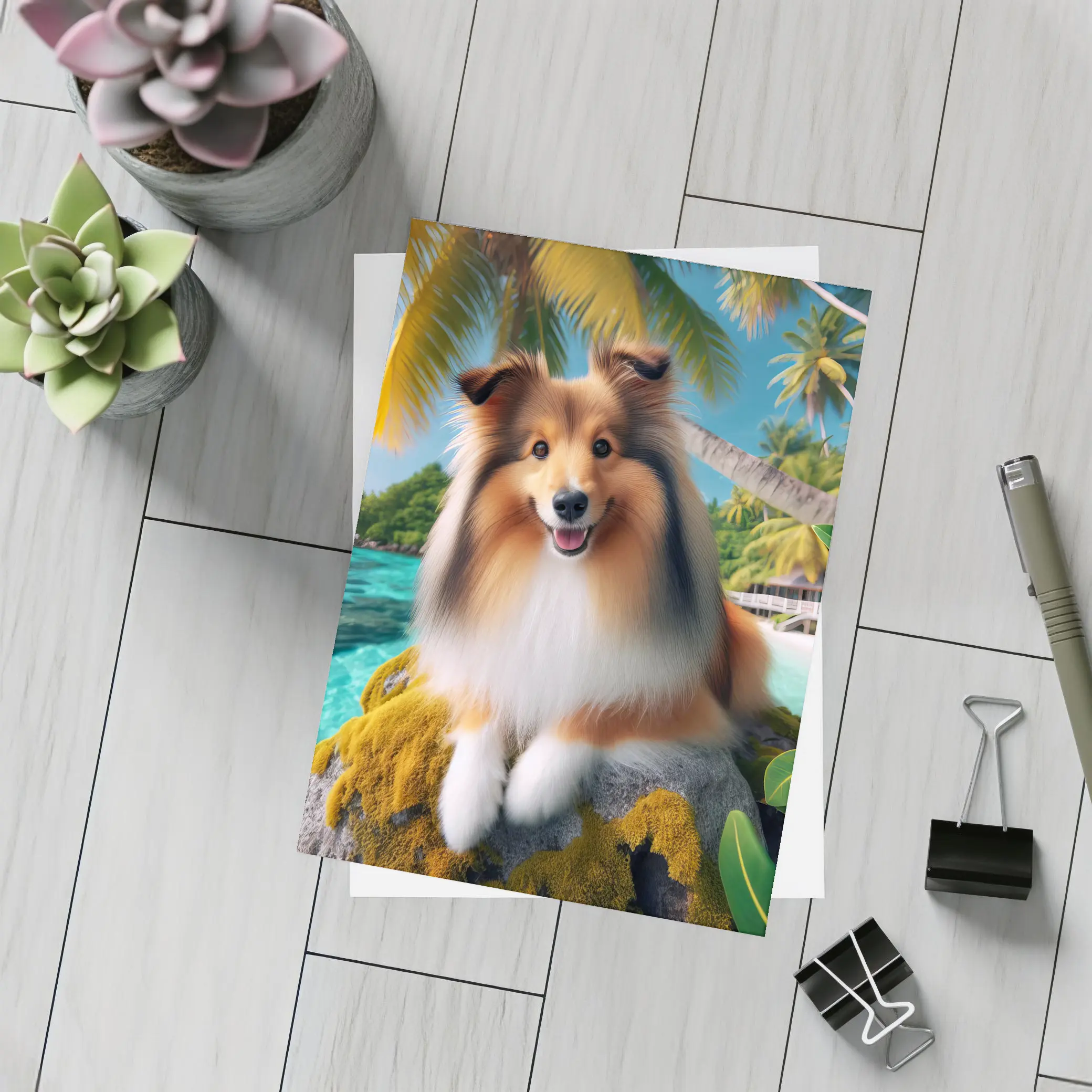 Shetland Sheepdog Relaxing on Tropical Beach – Postcards